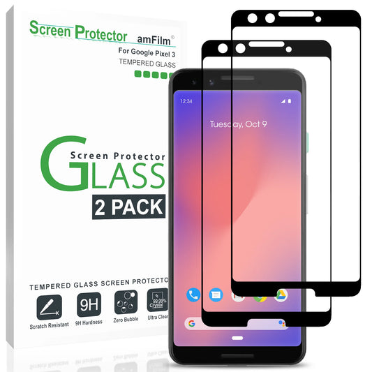 Pixel 3 Screen Protector Glass, Full Cover Tempered Glass Screen Protector with Dot Matrix for Google Pixel 3 (2 Pack, Black)