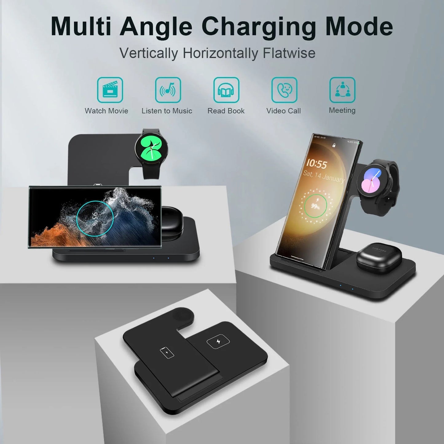 3-In-1 Wireless Charging Stand for Samsung Galaxy, Iphone, Galaxy Watch, Galaxy Buds, Black