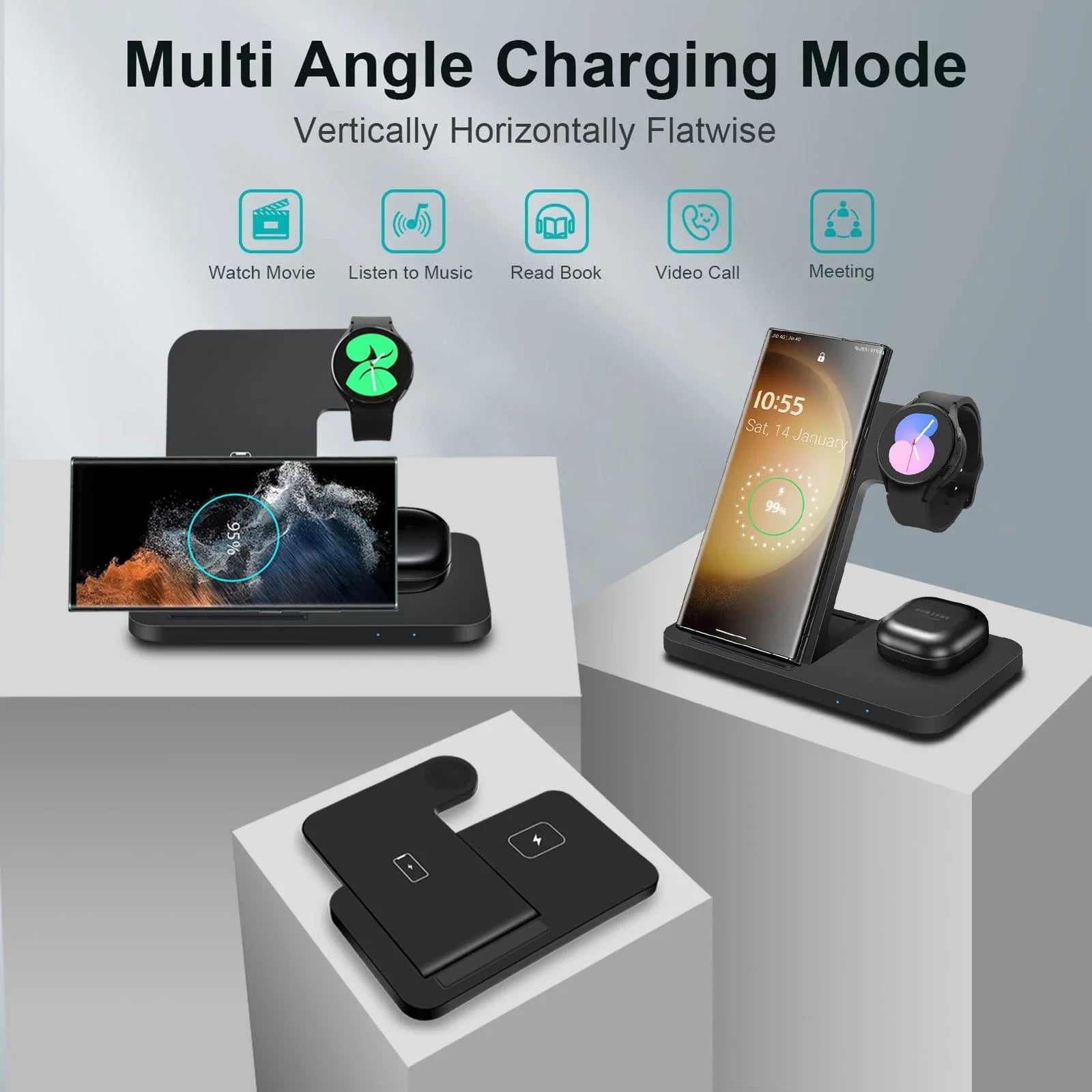 3-In-1 Wireless Charging Stand for Samsung Galaxy, Iphone, Galaxy Watch, Galaxy Buds, Black