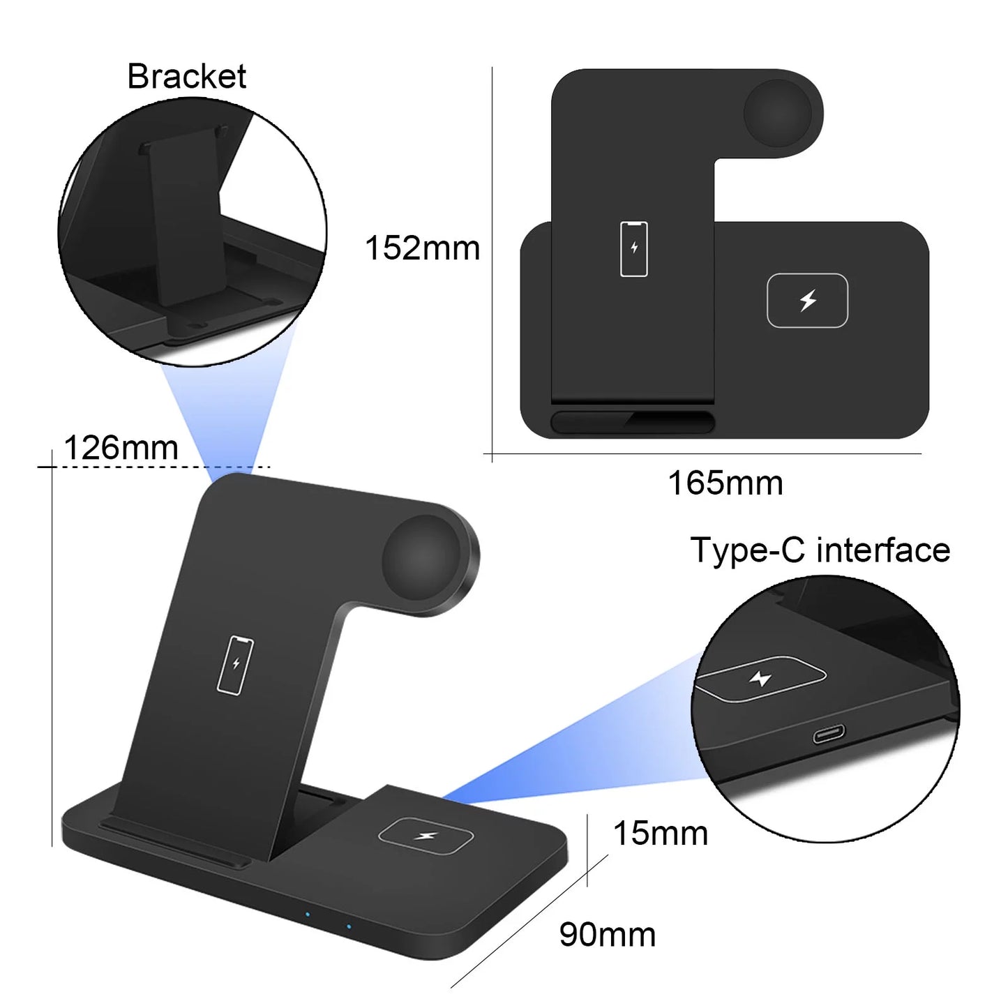 3-In-1 Wireless Charging Stand for Samsung Galaxy, Iphone, Galaxy Watch, Galaxy Buds, Black