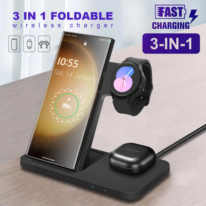 3-In-1 Wireless Charging Stand for Samsung Galaxy, Iphone, Galaxy Watch, Galaxy Buds, Black